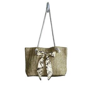 Summer Straw Tote Style Medium Purse Rope Strap Ribbon‎ Bow Front Clean Inside
